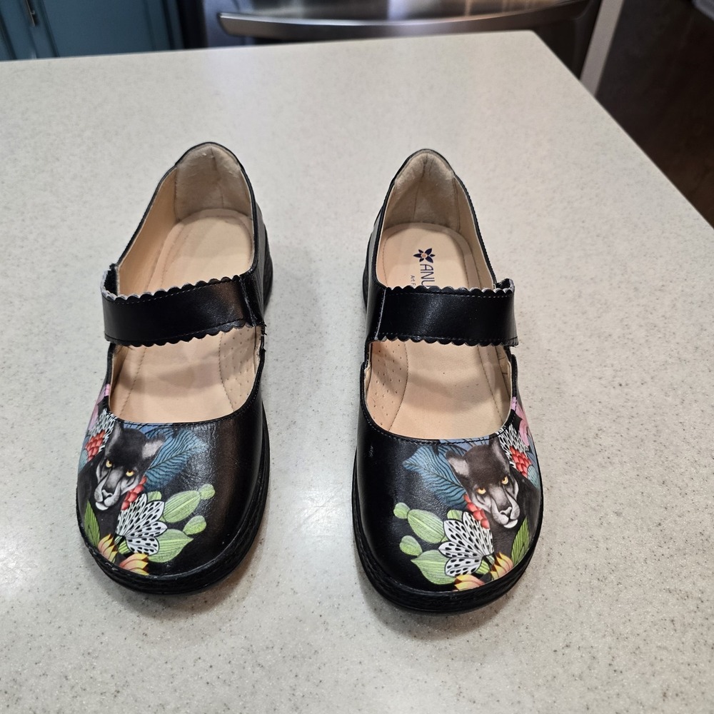 Anuschka Black Leather Panther  Shoes Mary Jane Size 6
